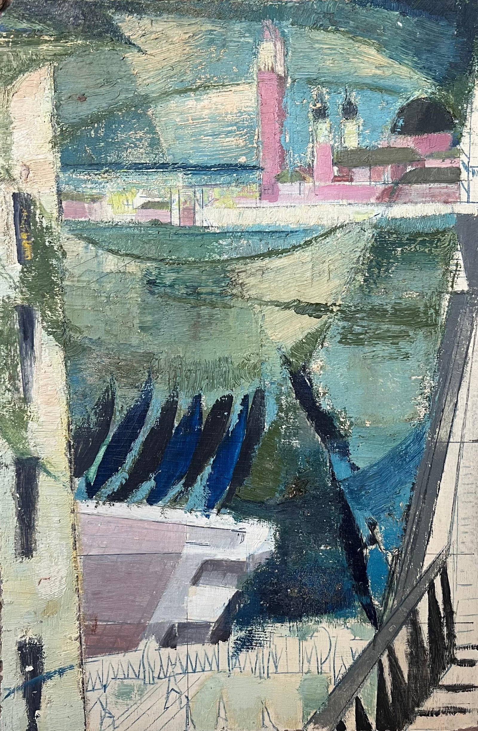 Mid 20th Century French Oil Painting Grand Canal Venice Muted Soft Colors: The Grand Canal, Venice French artist, mid 20th century oil on board, unframed board: 16.5 x 10.75 inches Provenance: private collection, France Condition: good condition For more any more information
