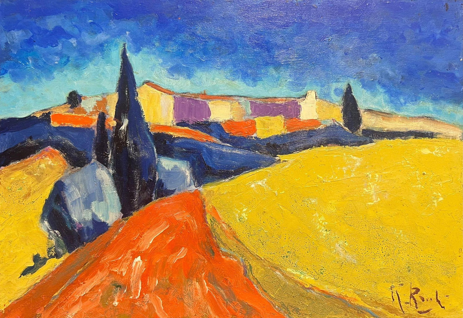 Mid 20th Century French Cubist Abstract Signed Oil Golden Fields Provence (1 of 6)