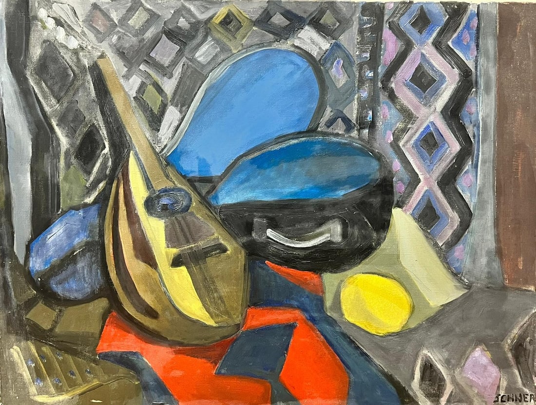 Mid Century French Cubist Still Life Oil Mandolin Abstract Interior Scene: French cubist artist, circa 1950’s signed oil painting on canvas, unframed canvas: 21 x 28.5 inches provenance: private collection, France condition: overall good and sound.