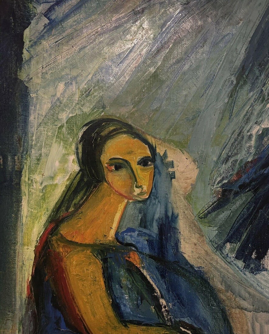 Mid 20th Century French Modernist Oil, Portrait of a Figure in Blue (1 of 4)
