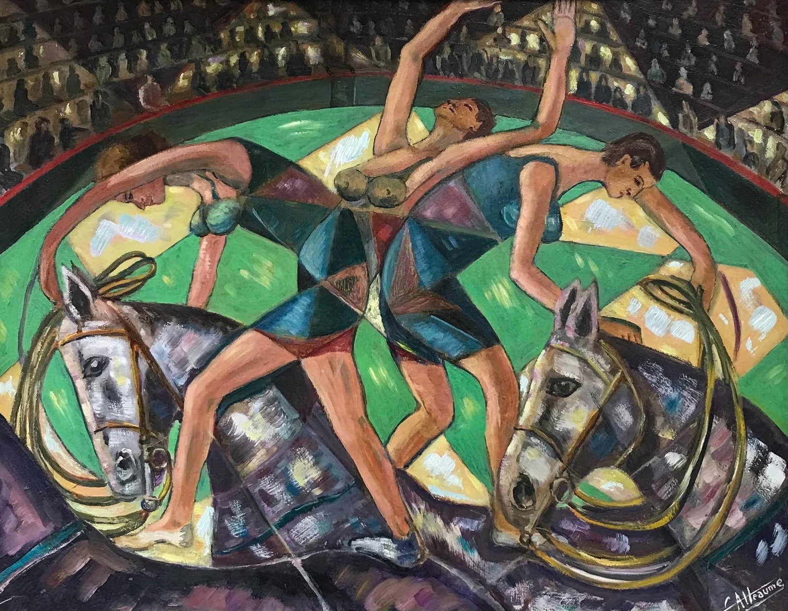 Large French Signed Oil - Abstract Circus Performers Acrobats on Horseback: Artist/ School: French School, circa 1960's, signed Title: The Circus Acrobats Medium: oil on board, framed Framed: 32 x 39.5 inches Board: 29 x 36 inches Provenance: private collection, France Condit
