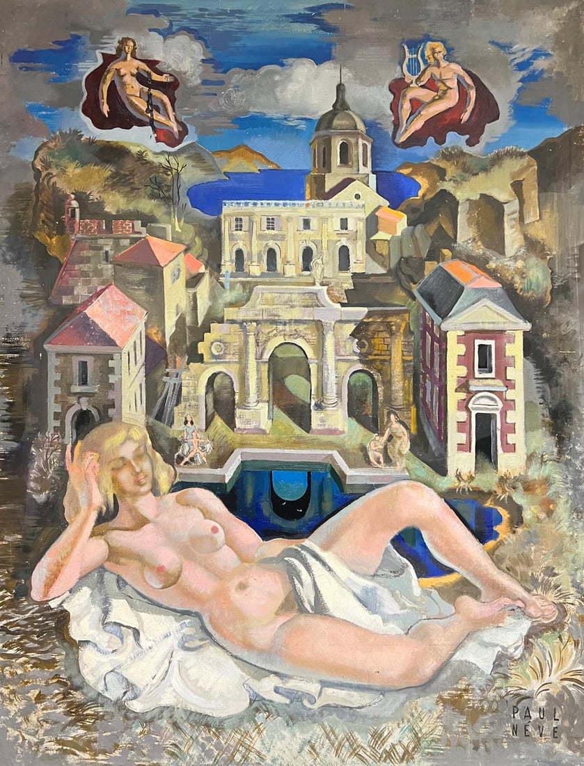 Huge 1950's French Nude Venus in Classical Architectural Dreamscape Mythical: Mythological Architectural Dreamscape by Paul Neve, French mid 20th century signed oil on wooden board, unframed Board : 39.5 x 32 inches Provenance: private collection, France Condition: very good co