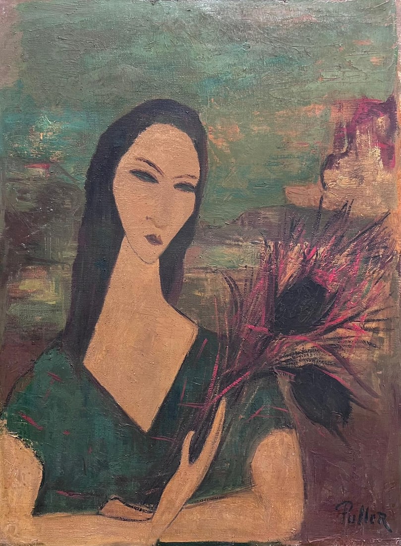 Modernist French Portrait of a Woman Holding Flowers Expressive Oil Painting (1 of 6)