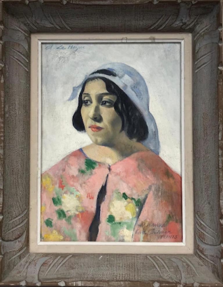 Beautiful 1950's French Signed Oil, Portrait of Tunisian Lady Colorful Clothing: Artist/ School: French School, mid 20th century, indistinctly signed and inscribed lower right corner and upper left corner. Title: Portrait of a Lady. Medium: oil painting on board, original frame. f