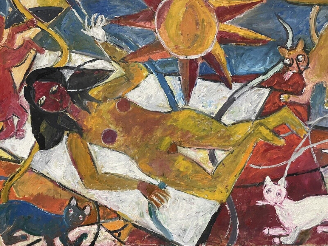 Huge French Modernist Abstract Oil Painting Nude Lady Sunbathing with Cats: Artist/ School: French School, 20th century, possibly signed lower right Title: Nude Lady sunbathing surrounded by cats. Medium: oil painting on canvas, unframed canvas: 32 x 51 inches Provenance: pri