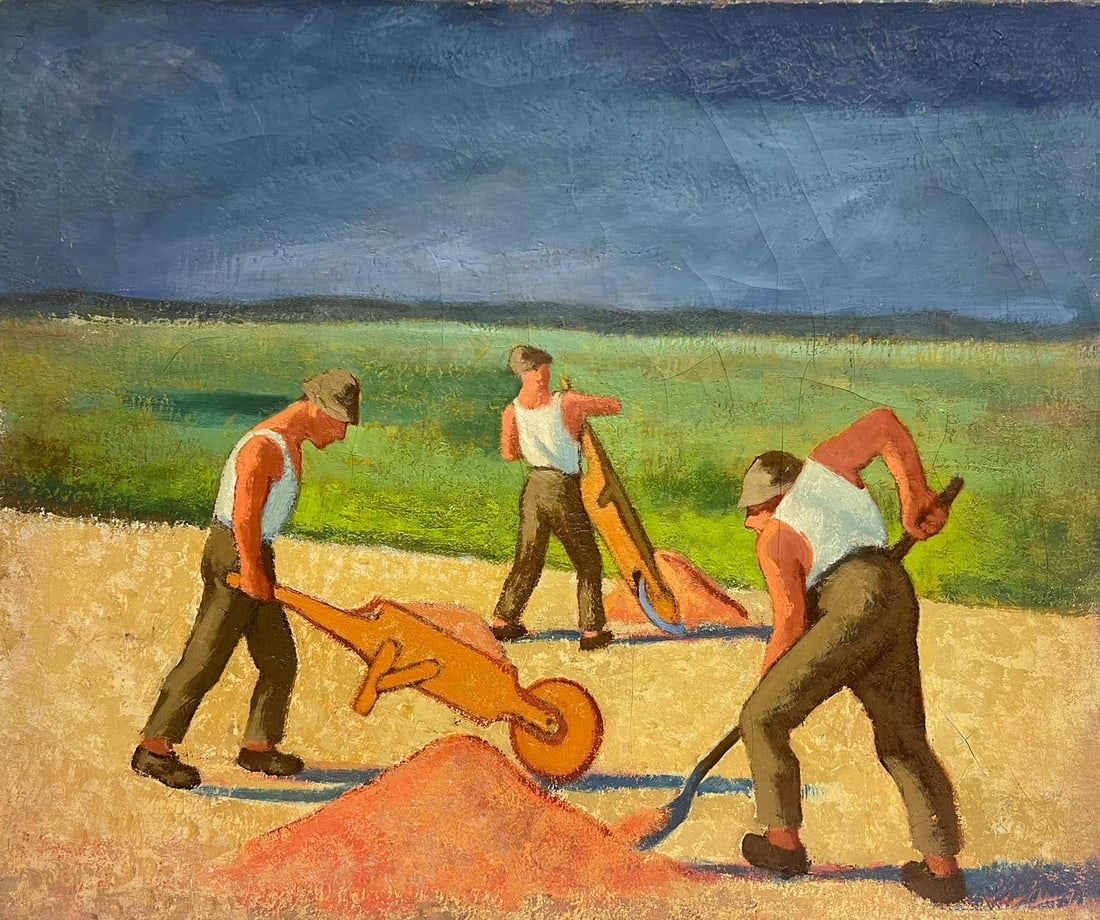 1950's French Modernist Oil Men Manual Labour Working in Field with Wheelbarrows: The Labourers French School, mid 20th century oil on canvas, unframed canvas: 24 x 29 inches provenance: private collection, Marseille condition: very good and sound condition