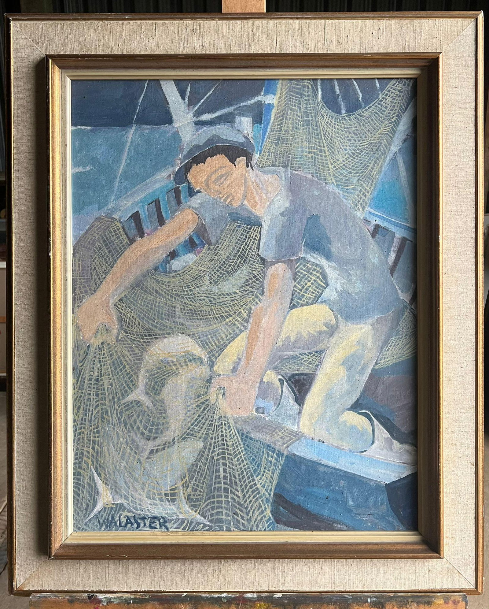 1950's French Modernist Blue Figurative Oil Painting of a Fisherman Mending Nets: "Le Filet" Fisherman Mending Nets French School, mid 20th century signed oil on canvas, framed framed: 32 x 26 inches canvas: 25.5 x 20 inches Provenance: Private collection, France Condition: Good co