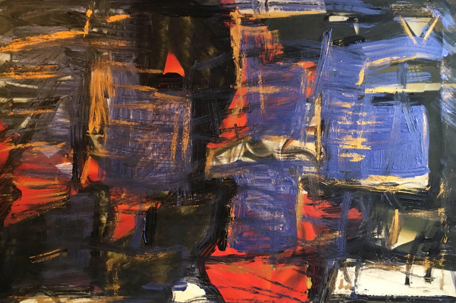 Large French Abstract Expressionist Purple Gold Red Oil Painting c2000: Title Large French Abstract Expressionist Purple Gold Red Oil Painting c2000 Key Details Artist: French School, circa 2000 Title: Purple, Gold and Red Abstract Medium: Oil painting on canvas, unframed