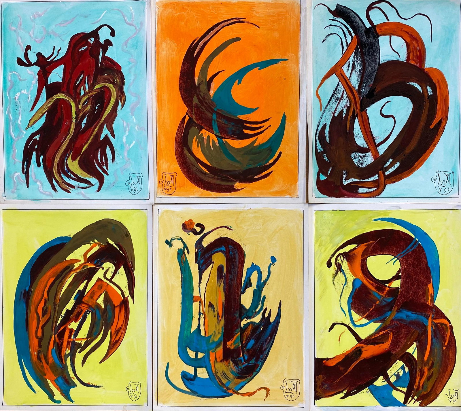 Set of 6 Original French Abstract Oil Paintings - each Signed & Dated (1 of 9)