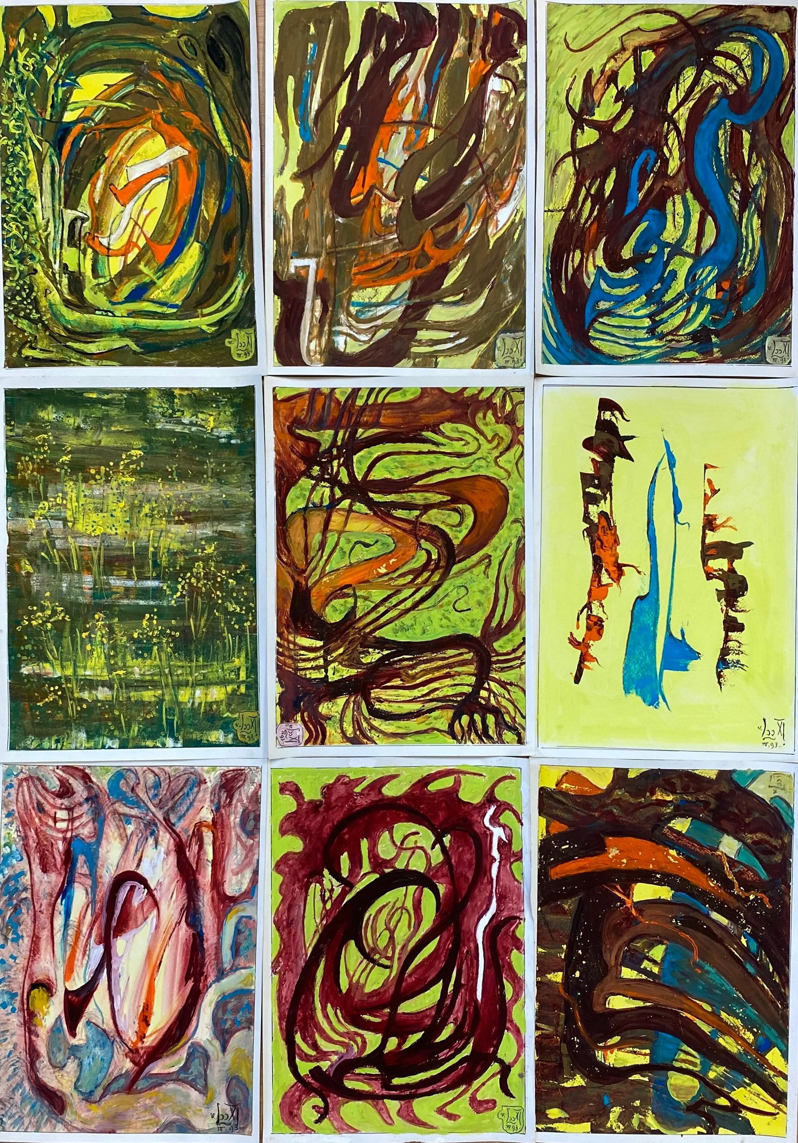 Set of 9 Original French Abstract Oil Paintings - each Signed & Dated (1 of 11)