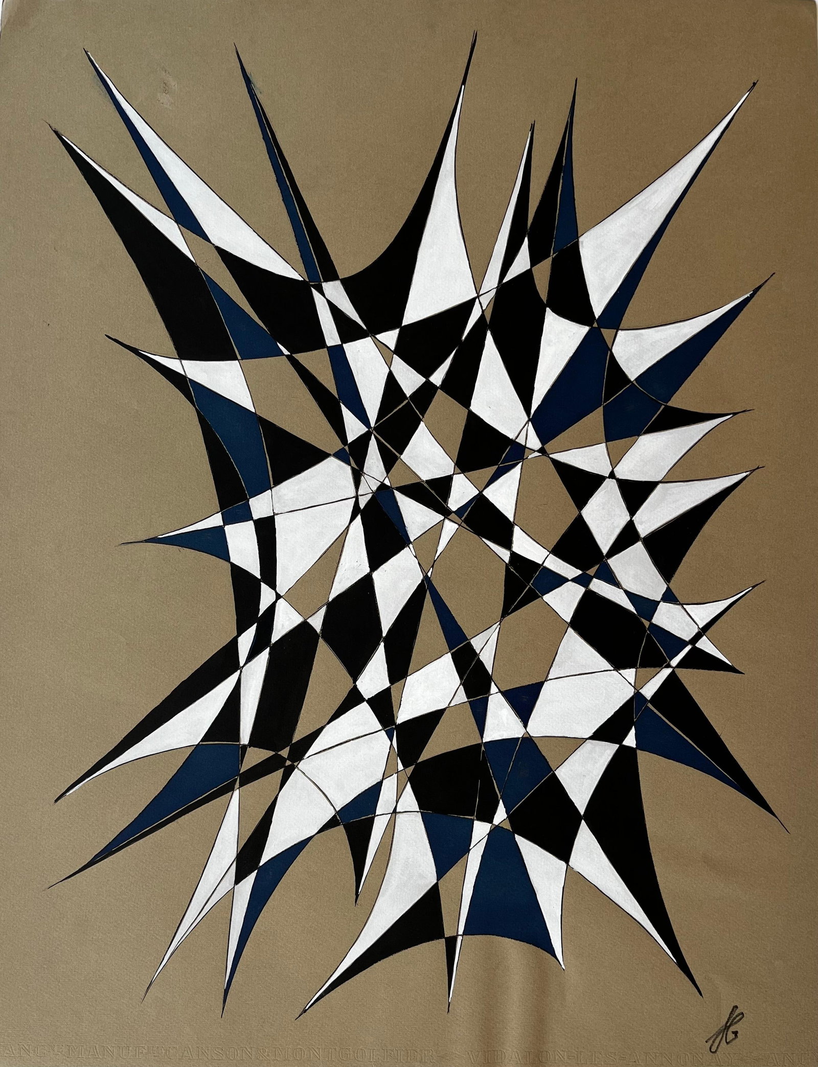 Mid Century French Geometric Abstract in Black White and Blue Signed SG: Title: Mid Century French Geometric Abstract in Black White and Blue Signed SG by Serge Guerin (b. 1916), French signed lower right “SG”, name stamped verso Acrylic and gouache on artists pape