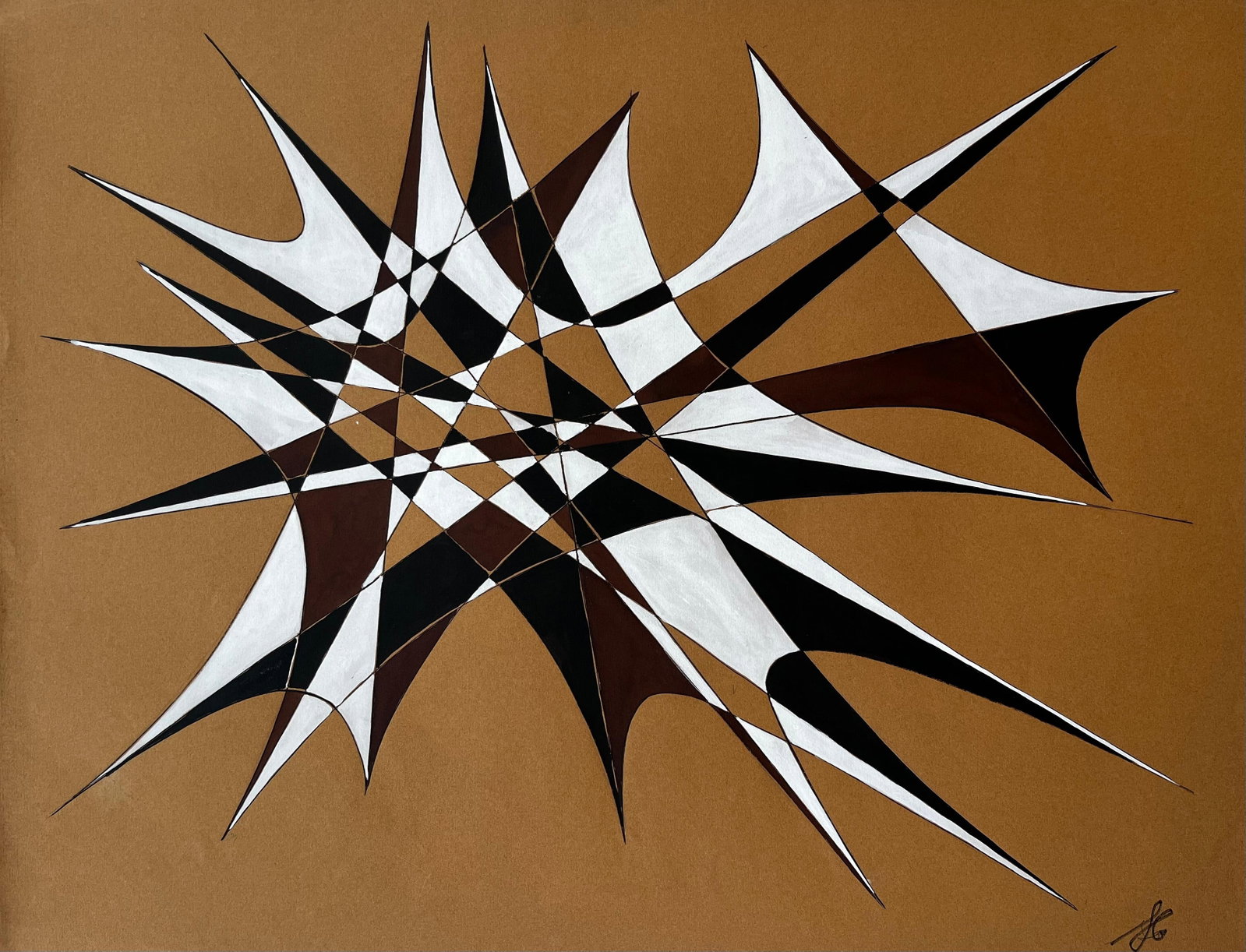 Mid Century French Geometric Abstract in Black White and Brown Signed SG: Title: Mid Century French Geometric Abstract in Black White and Brown Signed SG by Serge Guerin (b. 1916), French signed lower right “SG”, name stamped verso Acrylic and gouache on brown artis