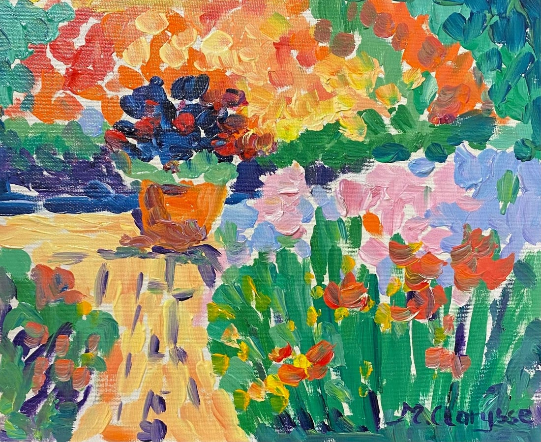 French Impressionist Oil Painting Potted Plant and Bright Garden: Maggy Clarysse (1931-2011) Oil on board, unframed 8.75 x 10.75 inches Signed condition: excellent provenance: all the paintings we have by this artist have come from the artists estate Born in Belgium
