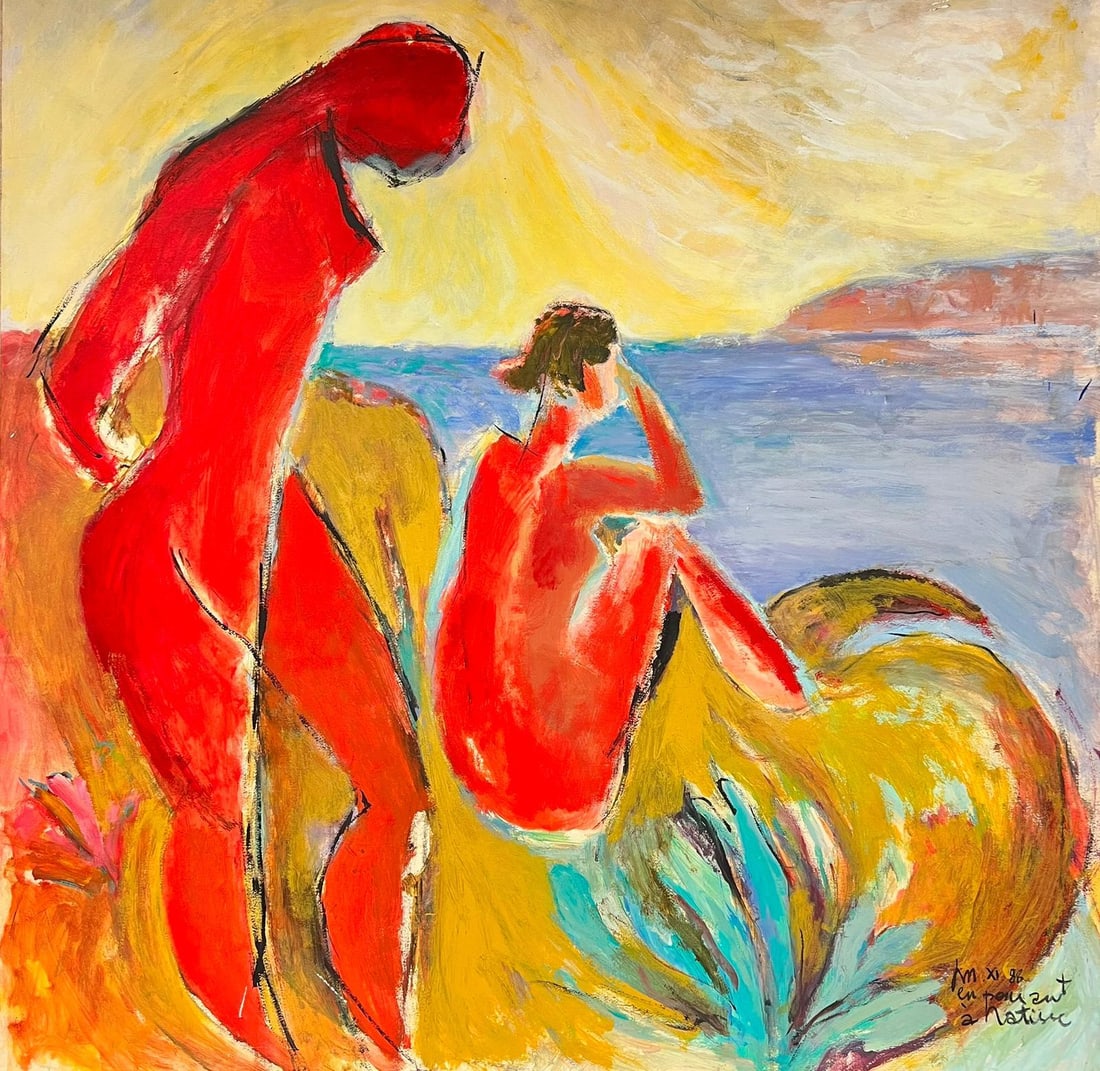 Follower of Henri Matisse Large Colorist Oil Female Bathers on Coastal Shore: French Modernist School Nude Female Bathers on the Coast follower of Henri Matisse dated 1986 oil on canvas, unframed canvas : 31 x 31 inches provenance: private collection, Paris condition: The paint