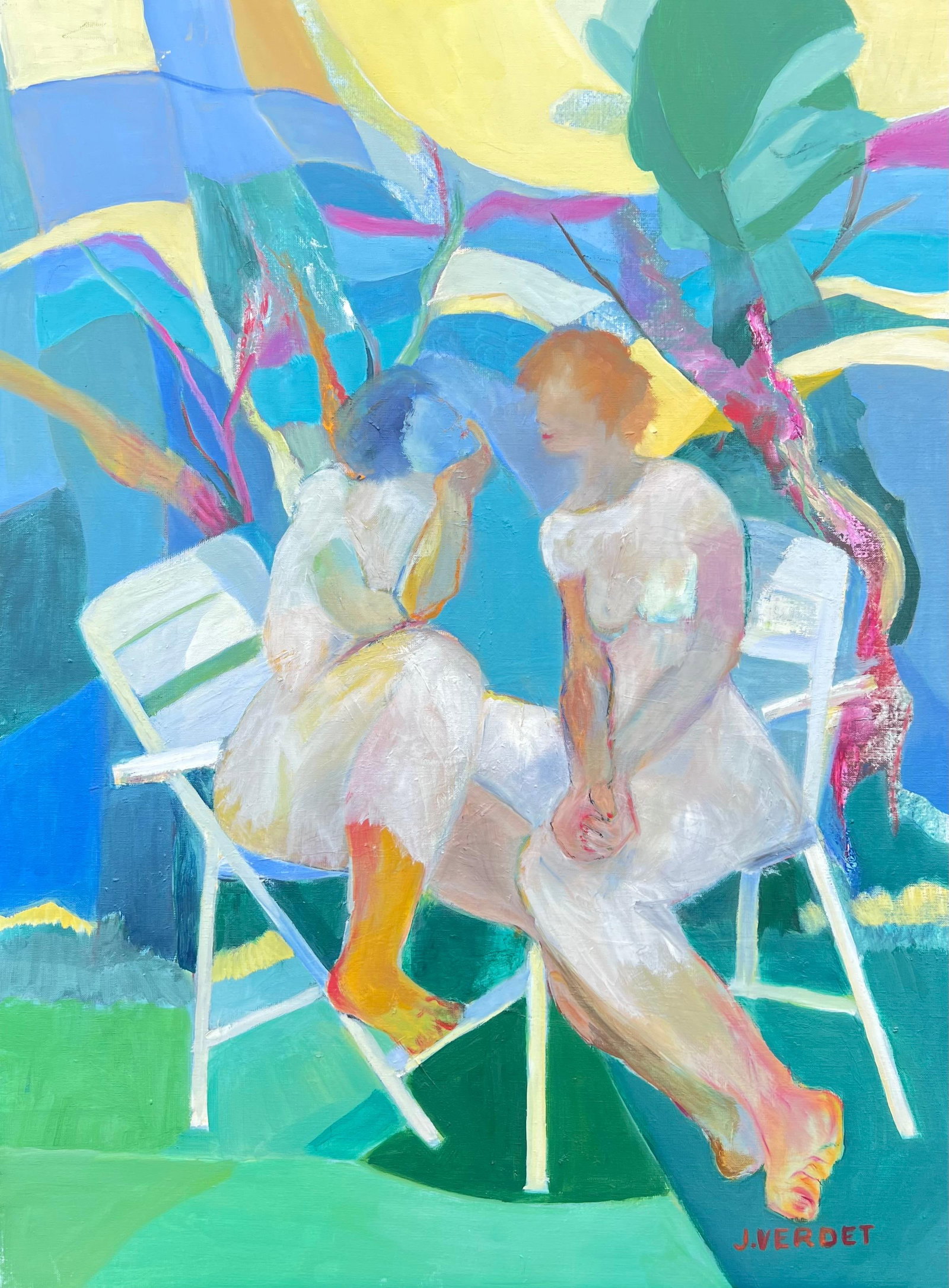 Huge French Contemporary Modernist Abstract Oil Painting Ladies Chatting Garden (1 of 11)