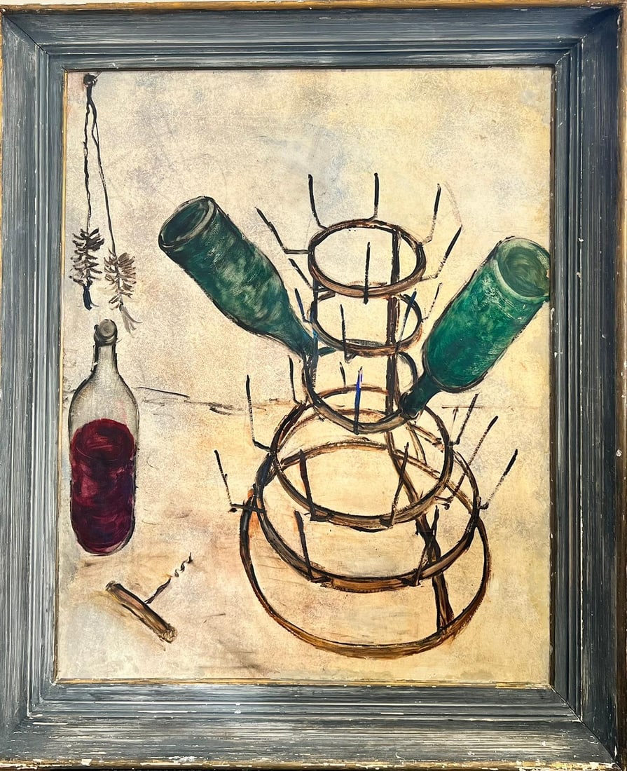 French Expressionist Still Life Oil Bottle Rack Study Circle of Bernard Buffet: French Expressionist Still Life Bottle Rack Study Circle of Bernard Buffet by French School (French, circa 1960s, circle of Bernard Buffet) oil on board, framed Framed: 37.5 x 31 inches Board: 32 x 25
