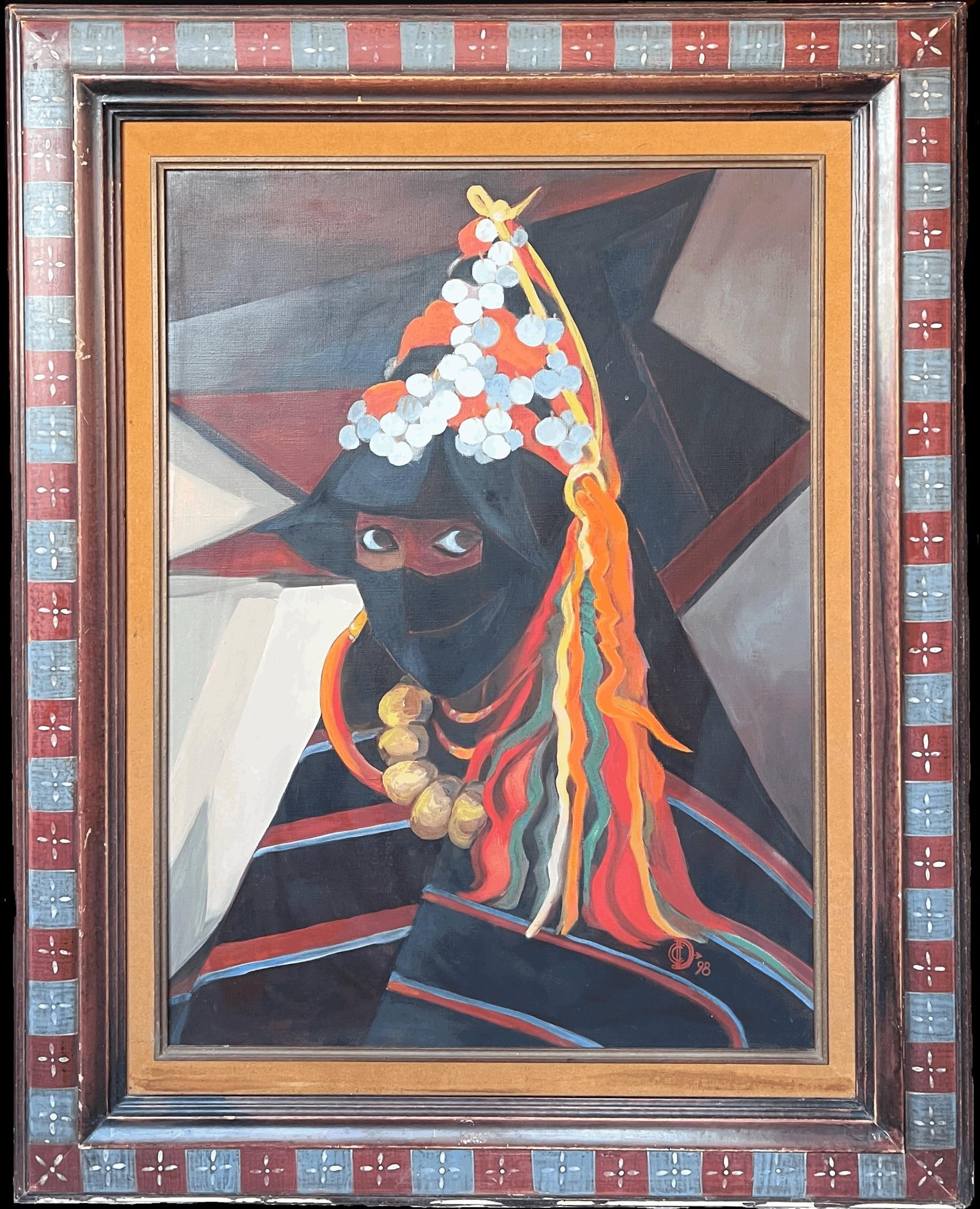 Portrait Traditional North African Lady in Headdress Signed Large Oil Painting: French Orientalist, signed and dated (19)98 oil on canvas dated 98' framed: 39 x 31 inches canvas: 29 x 21 inches Provenance: private collection, France Condition: very good condition This painting de