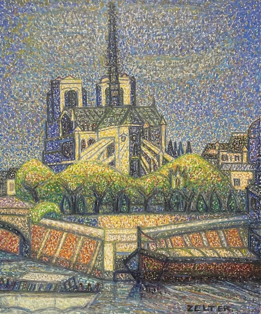 Pointillist School Oil Painting - Notre Dame River Seine Paris, signed original (1 of 5)