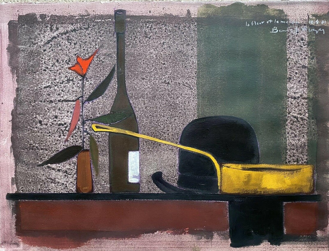 Roger Bonafé Modern Still Life with Hat Bottle and Flower Oil Pastel 1981 (1 of 7)
