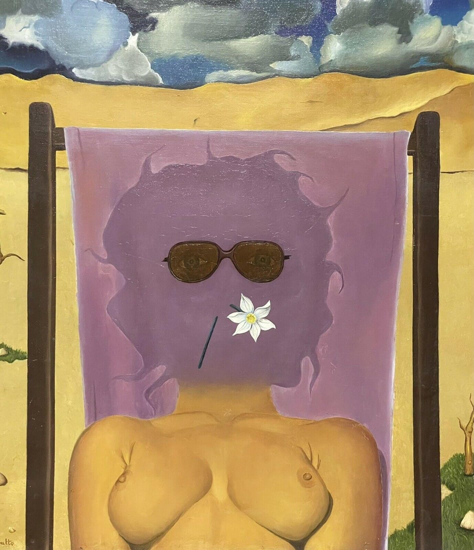 1960s French European Surrealist Nude Sunbather Beach Scene Oil Painting (1 of 5)