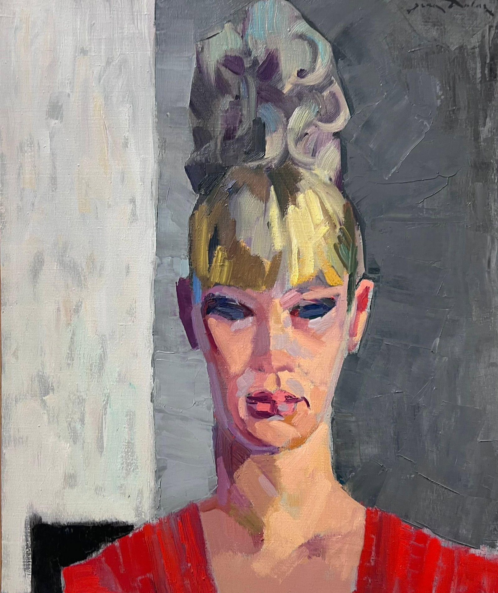 Superb 1950s French Post Impressionist Oil Painting Portrait Stylish Blonde Lady: Portrait of a Lady by Jean Dulac (1902-1968) *see below signed oil painting on canvas, unframed canvas: 21.75 x 18 inches provenance: private collection, Lyon, France (the artists home city). conditio