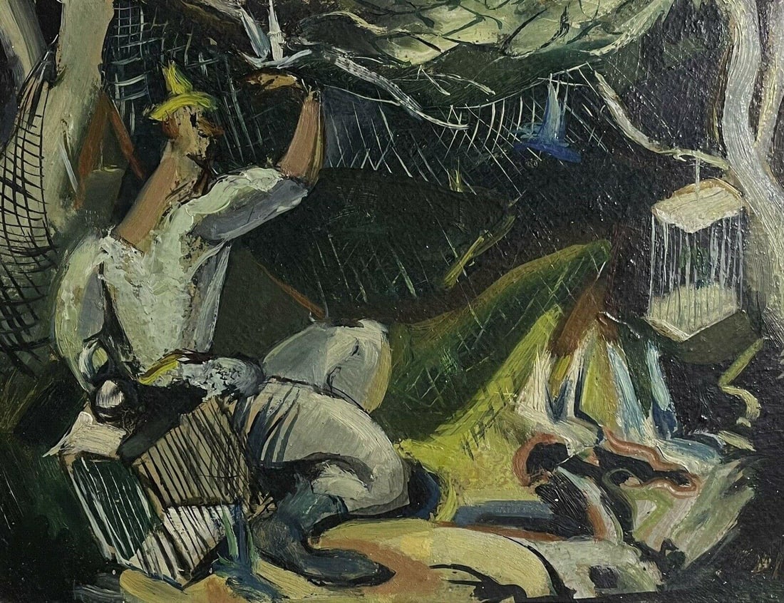 1950s French Modernist Figurative Abstract Oil Painting with Birdcages (1 of 6)