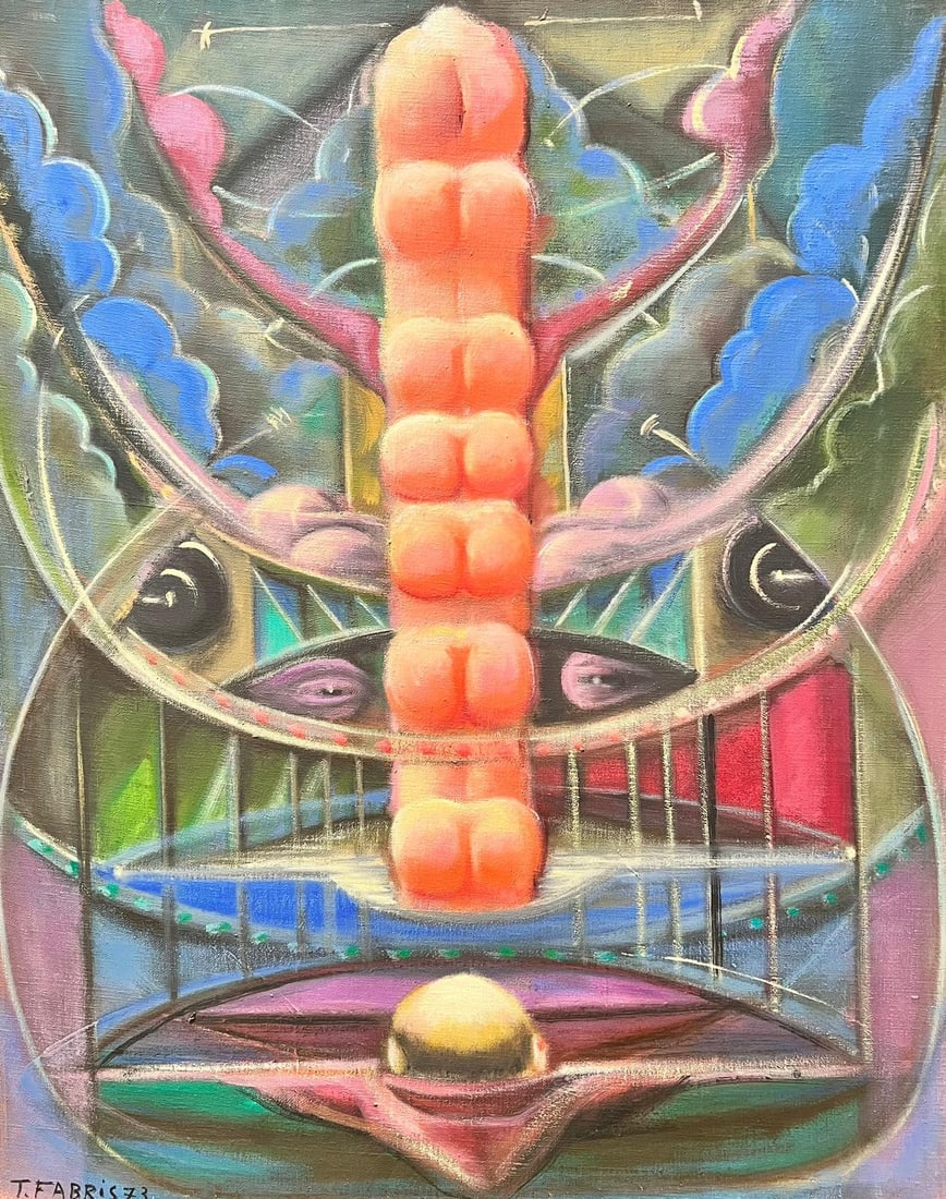 1970’s French Large Surrealist Abstract Oil Painting Pink Green Blues (1 of 8)