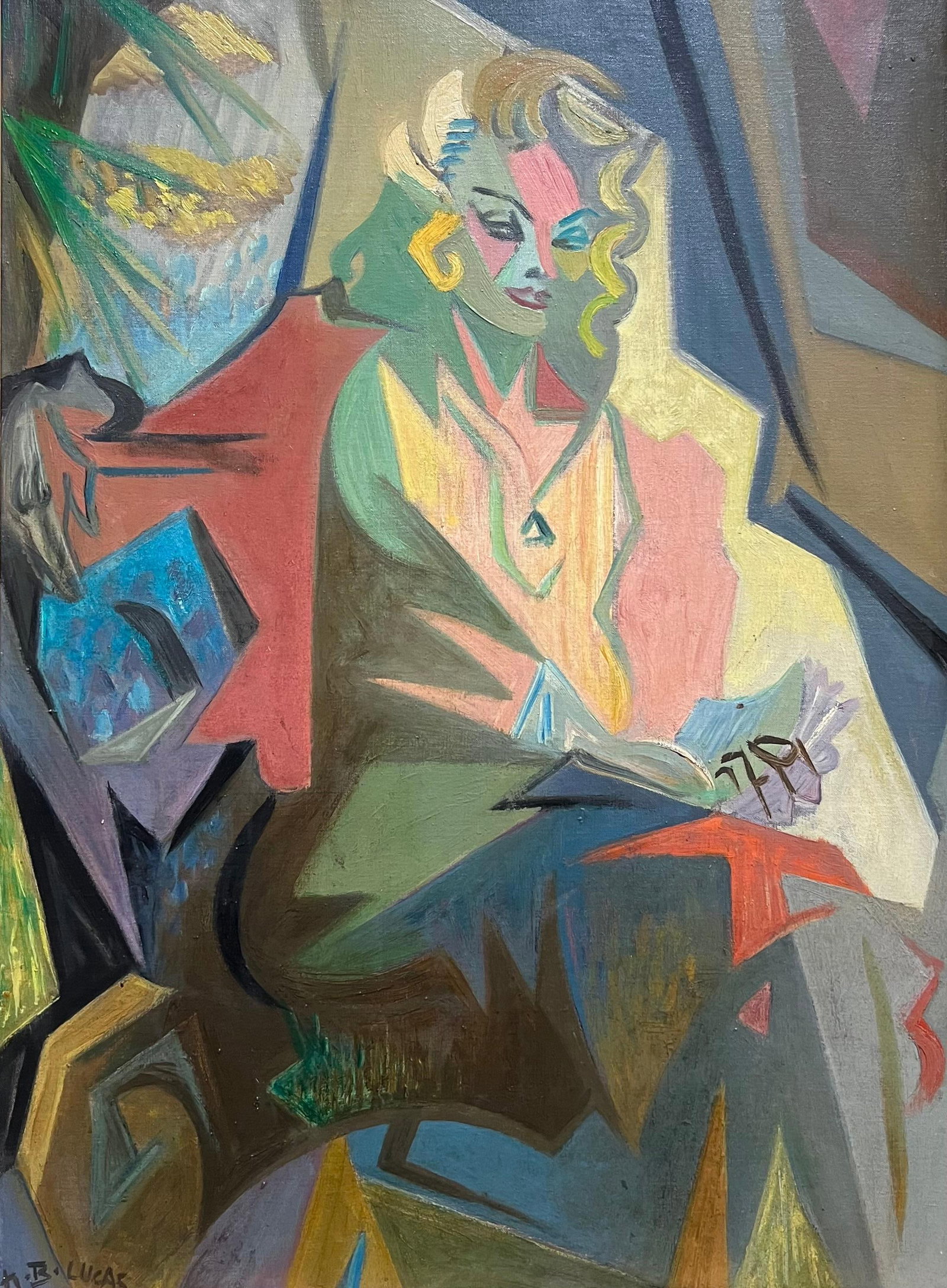 1950's French Cubist Signed Oil Portrait of Mysterious Blonde Lady Reading: "La Liseuse" (the reader) by Magali Lucas (French b. 1915) signed, titled verso oil on canvas, in original period mirror lined frame framed: 28 x 21.5 inches canvas : 25 x 18 inches Provenance: privat