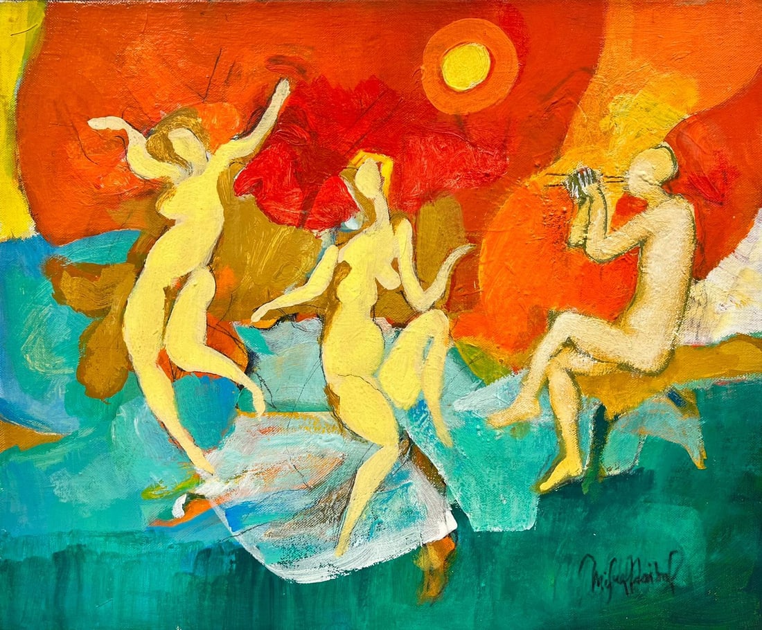 Modernist Dancing Nudes at Orange Sunset by French/ Chilean Artist signed oil: Artist/ School: Miguel Anibal (Chile, b. 1935), signed and dated 2013 'Paris'. Miguel Anibal is a painter, fresco artist and engraver born in 1935 in Chile. He lived in Mexico between 1960 and 1972, w