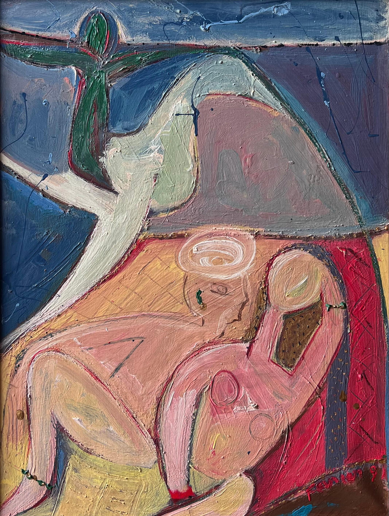 Signed & Dated French 1990's Modernist Figures in Abstract Landscape Oil (1 of 11)