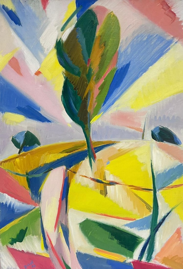 1960's French Cubist Oil Painting Bright Landscape with Tree Amazing Colors: Cubist Landscape by Paul-Louis Bolot (French 1918-2003) signed and dated 66 verso oil on canvas canvas: 21.5 x 16 inches original oil painting condition: very good and sound provenance: all the painti