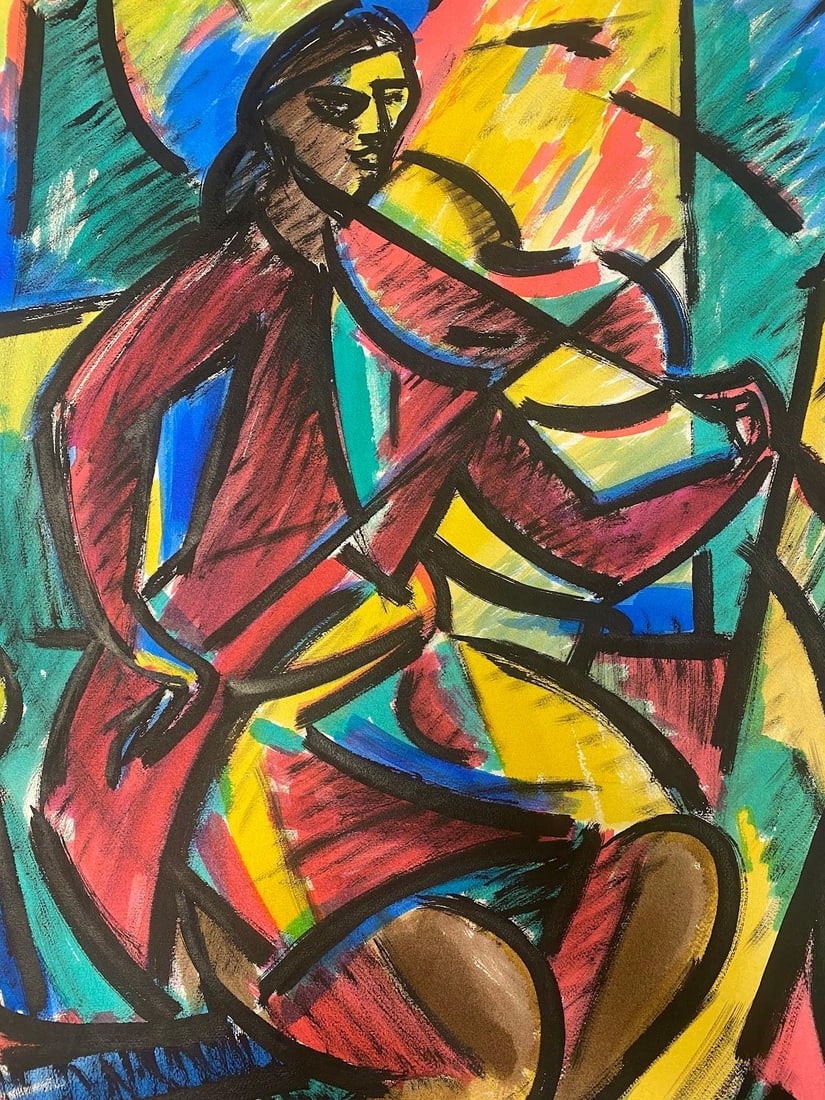 1960's French Modernist Cubist Painting Gentleman In Red With Violin: by Paul-Louis Bolot (French 1918-2003) signed & dated 1968 original gouache painting on thick paper/ card unframed condition: very good and sound; the edges have a few curls and scuffs/ edge tears whi