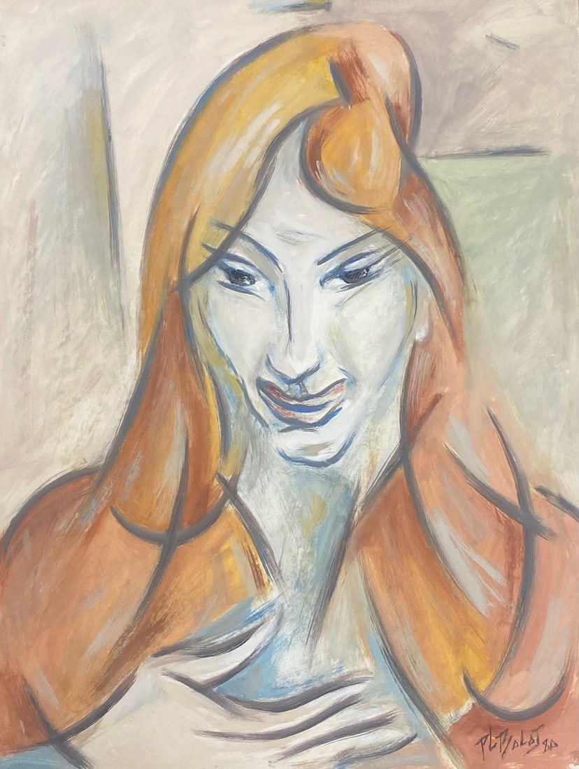 French Modernist Gouache Painting Portrait Of A Bright Orange Haired Lady: by Paul-Louis Bolot (French 1918-2003) signed original gouache painting on thick paper/ card unframed condition: very good and sound; the edges have a few curls and scuffs/ edge tears which should all