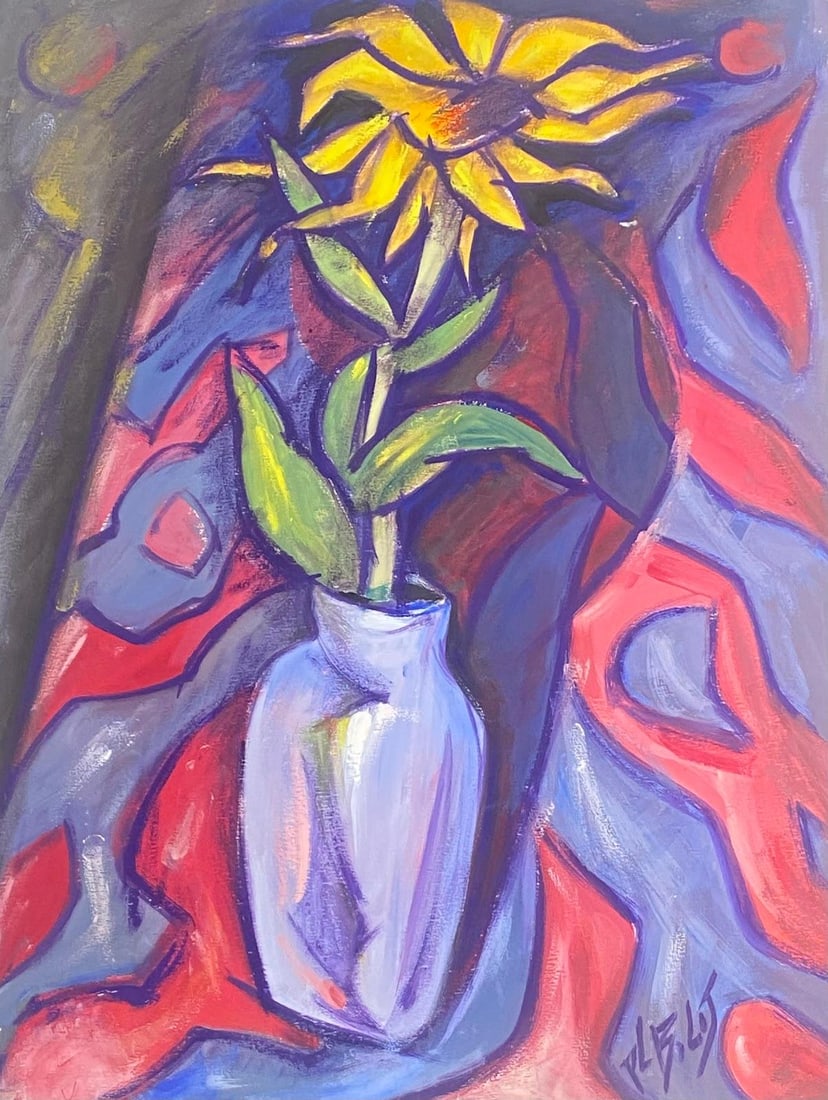 French Painting Wacky Still Life With Yellow Sunflower In Purple Vase: by Paul-Louis Bolot (French 1918-2003) signed original gouache painting on thick paper/ card unframed condition: very good and sound; the edges have a few curls and scuffs/ edge tears which should all