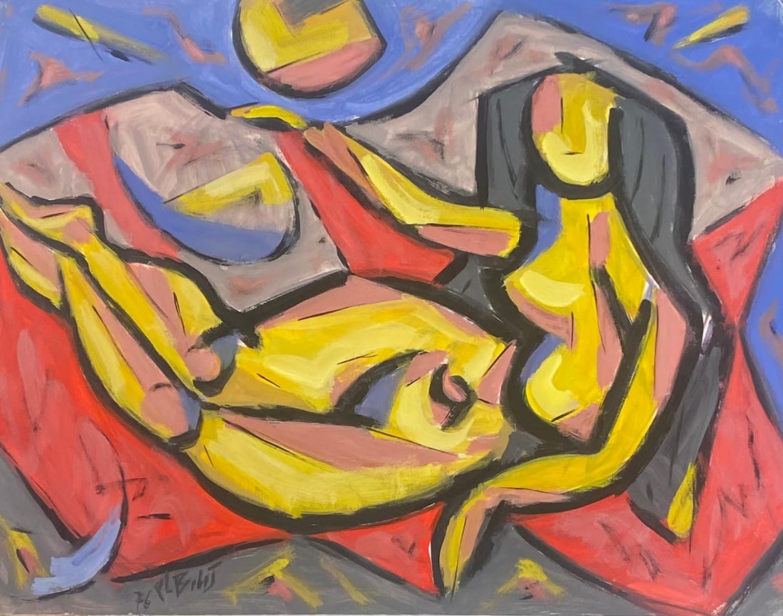 French Modernist Gouache Painting Posed Yellow Nude Lady With Black Hair: by Paul-Louis Bolot (French 1918-2003) signed initials original gouache painting on thick paper/ card unframed condition: very good and sound; the edges have a few curls and scuffs/ edge tears which s