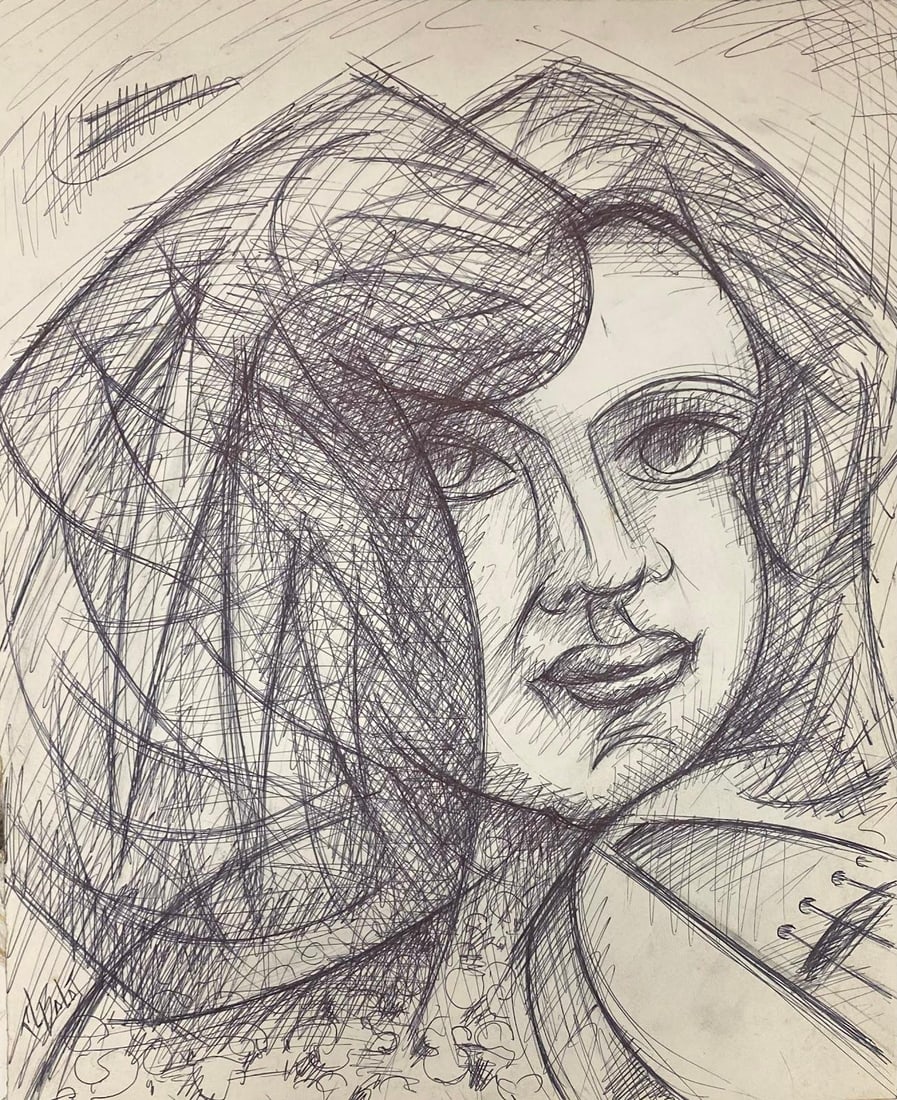 20th Century French Modernist Biro Drawning Of Woman Playing The Violin: by Paul-Louis Bolot (French 1918-2003) signed original gouache painting on thick paper/ card unframed condition: very good and sound; the edges have a few curls and scuffs/ edge tears which should all