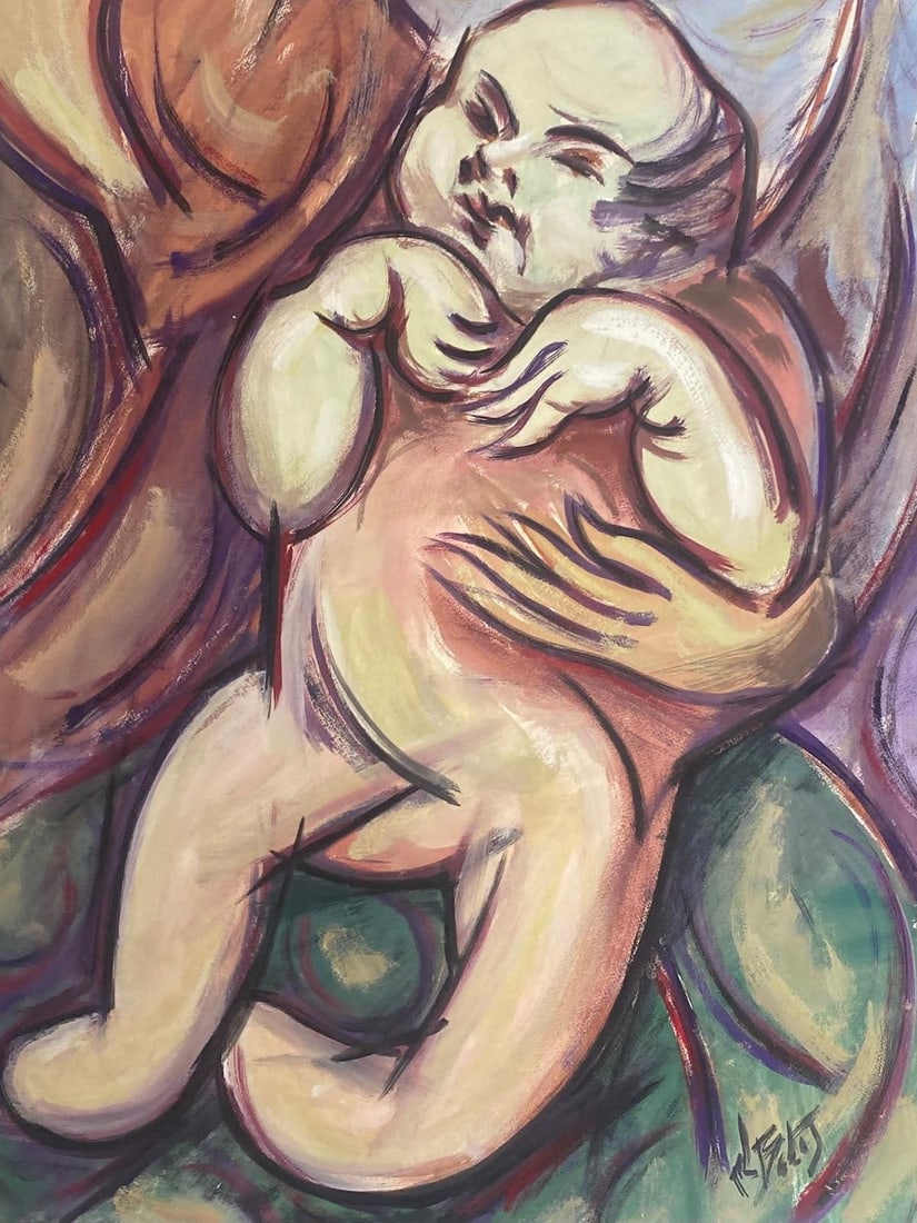 20th Century French Modernist Gouache Painting Baby In Their Mothers Arms: by Paul-Louis Bolot (French 1918-2003) signed original gouache painting on thick paper/ card unframed condition: very good and sound; the edges have a few curls and scuffs/ edge tears which should all
