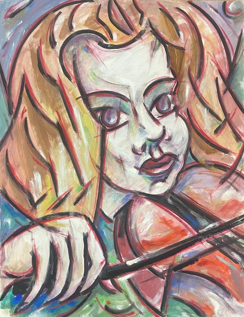 20th Century French Modernist Gouache Painting Portrait Of Lady Playing Violin: by Paul-Louis Bolot (French 1918-2003) signed verso original gouache painting on thick paper/ card unframed condition: very good and sound; the edges have a few curls and scuffs/ edge tears which shou