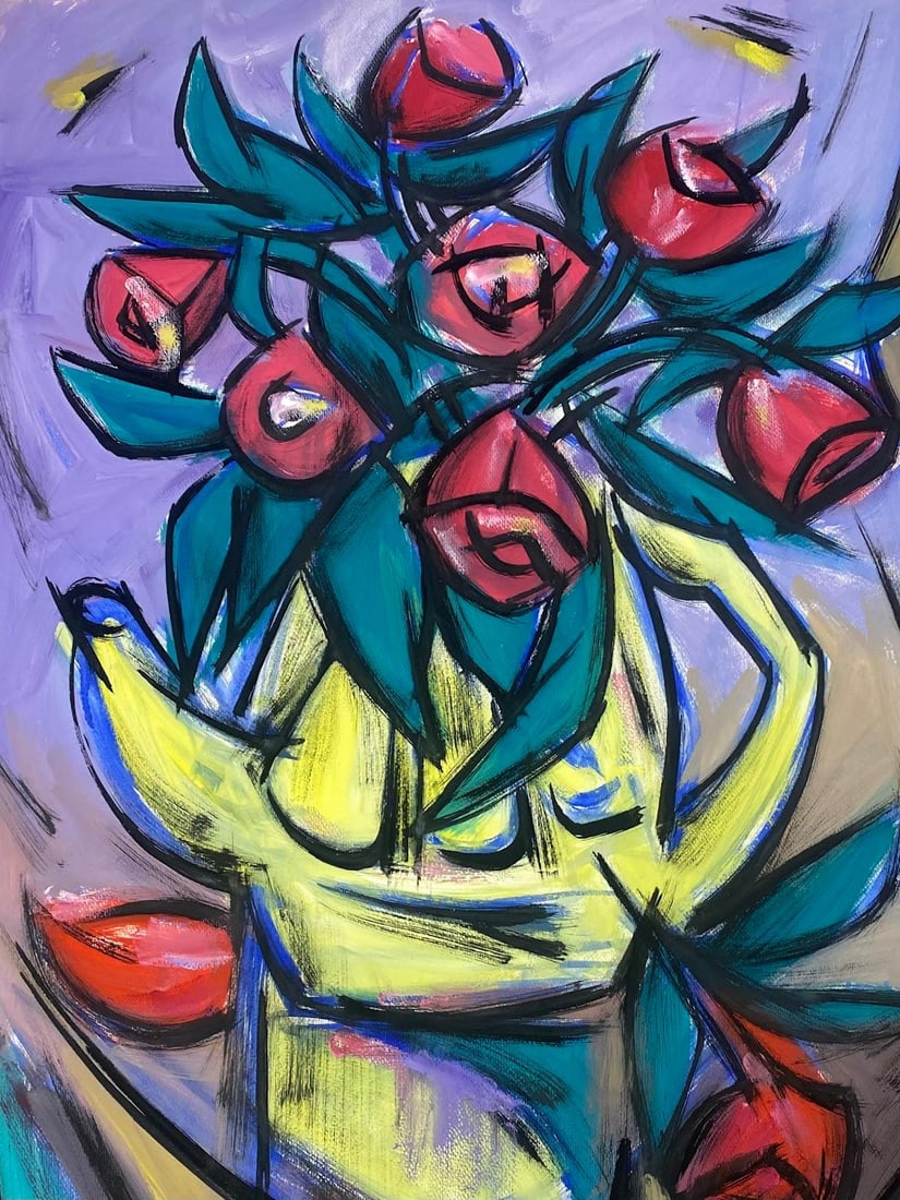French Modernist Gouache Painting Of Red Tulips In A Yellow Watering Can: by Paul-Louis Bolot (French 1918-2003) signed original gouache painting on thick paper/ card unframed condition: very good and sound; the edges have a few curls and scuffs/ edge tears which should all