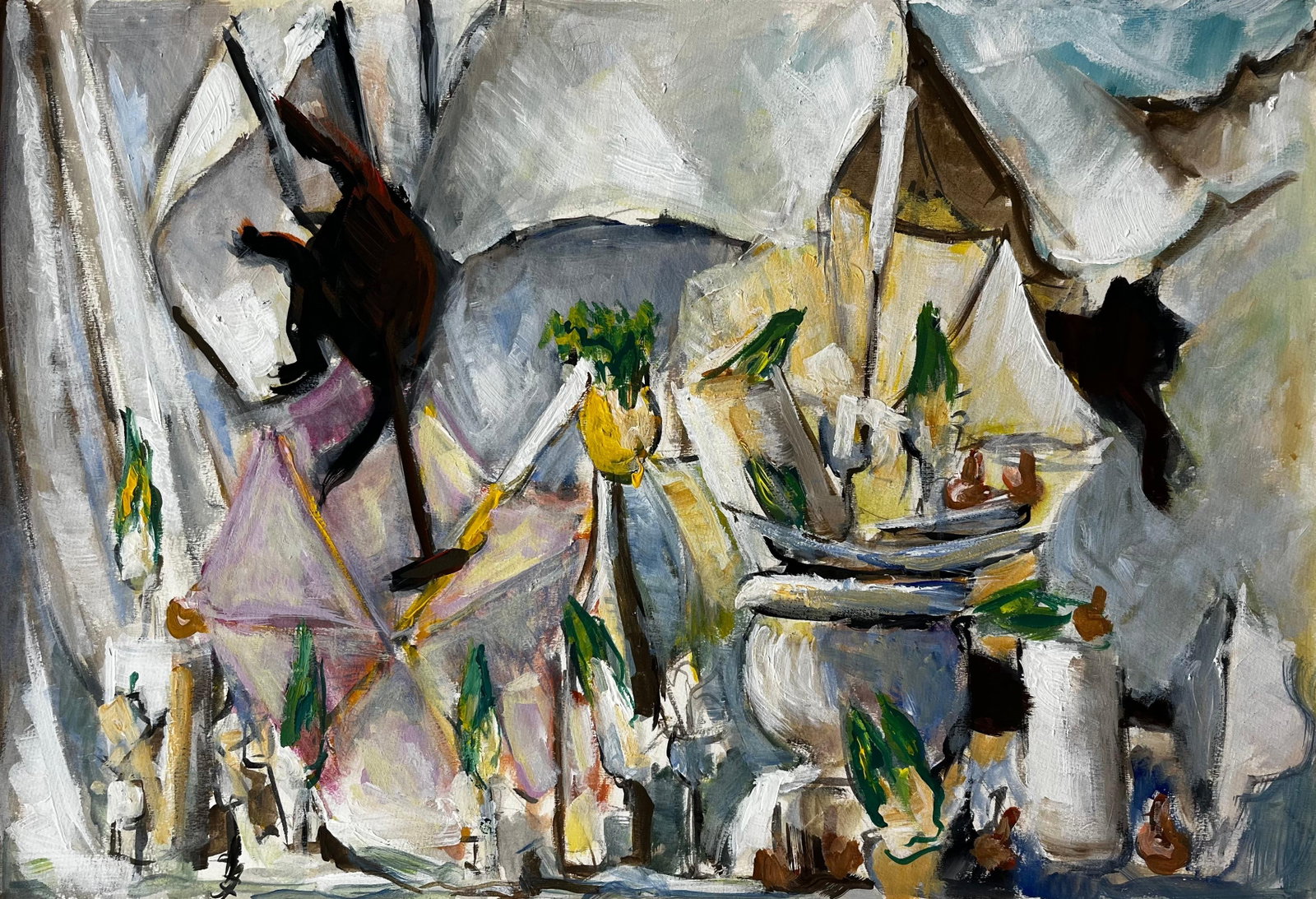 Still Life with White Drapery Jugs and Green Accents French Modernist Gouache (1 of 8)