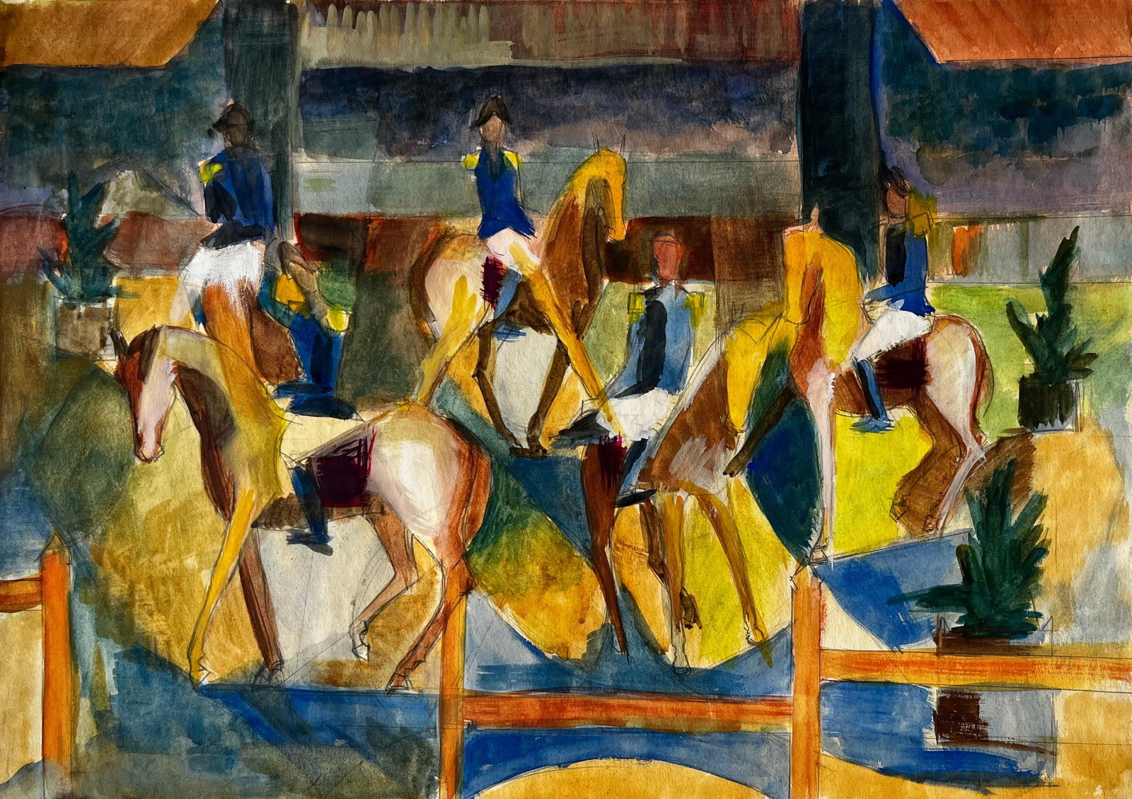 Equestrian Riders with Horses in Arena French Modernist Watercolour Gouache (1 of 8)