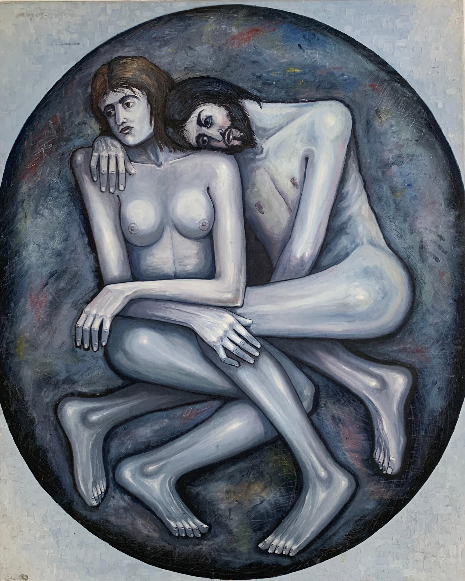 Huge 20th Century French Oil on Canvas - Adam & Eve Grey Black & White Oval: Adam & Eve French School, late 20th century oil painting on canvas, 140c x 113cm provenance: private collection, Paris Striking and bold portrayal of these two nude lovers, entwined but seperate too. 