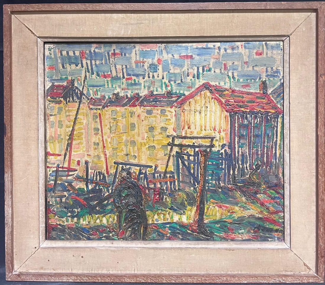 St Tropez 1950's French Signed Oil Modernist Expressionist Large Painting: St. Tropez French School, mid 20th century indistinctly signed oil on canvas, framed inscribed verso framed: 24 x 28 inches canvas: 23.75 x 19.75 inches provenance: private collection, France conditio