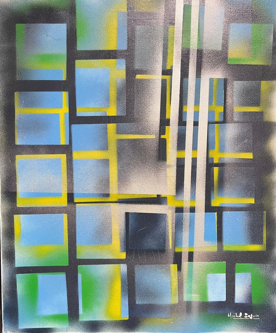 Large French Abstract Expressionist Painting Contemporary Blue & Yellow and Grey (1 of 6)