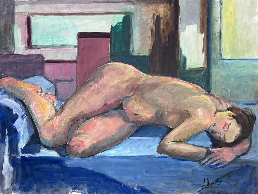 Reclining Nude Lady Model 1970's French Modernist Painting Provence Collection: The Artists Model Nude Lady Model French School, circa 1970's signed oil painting on card, unframed size: 19.25 x 25.75 inches condition: overall very good, a very few light markings to the surface bu