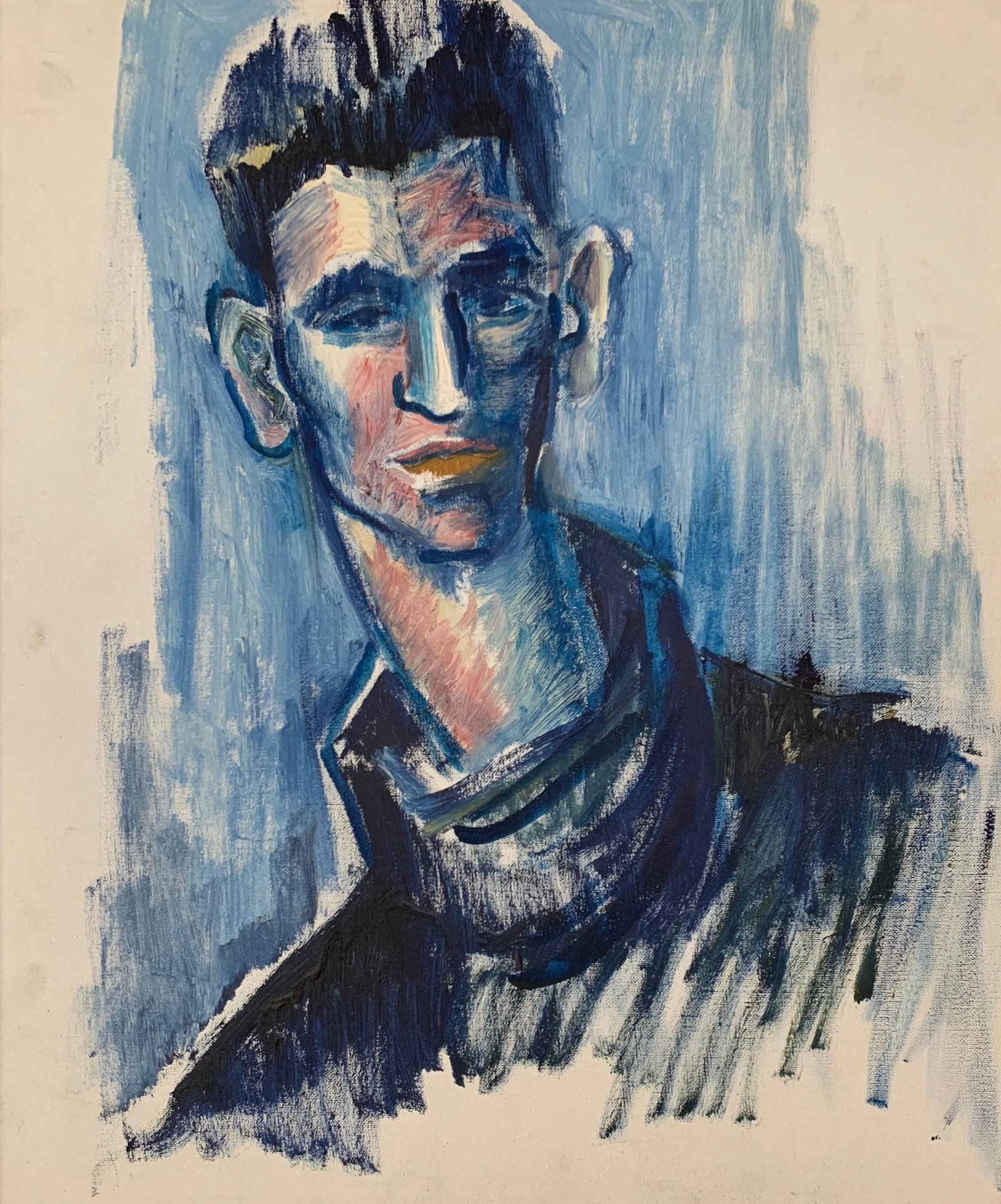 Portrait of Young Man in Blue, French School, oil on canvas framed modern: Man in Blue French School, circa 2000 oil painting on canvas, framed canvas: 60cm x 50cm framed: 76cm x 66cm Superb decorative French portrait of a young man, painted in blue. Wonderfully sketchy in t