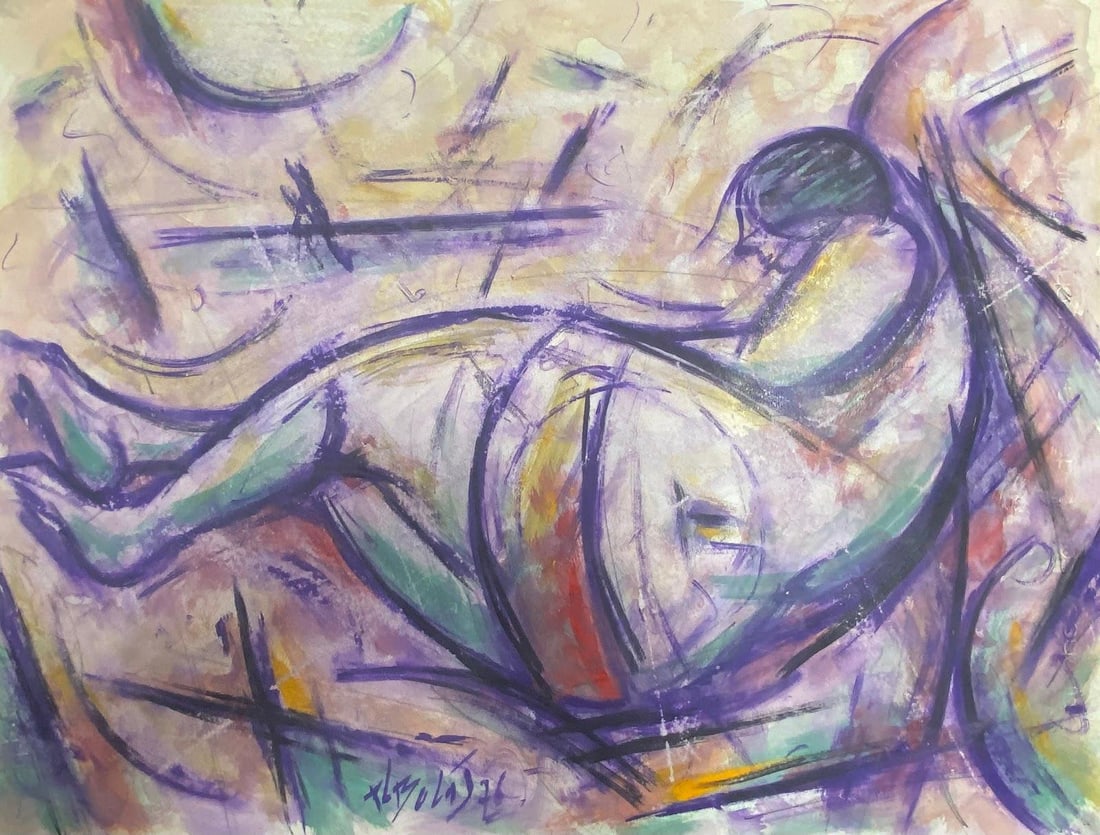 French Gouache Purple Posed Nude Figure Lying Down: by Paul-Louis Bolot (French 1918-2003) signed original gouache painting on thick paper/ card unframed condition: very good and sound; the edges have a few curls and scuffs/ edge tears which should all