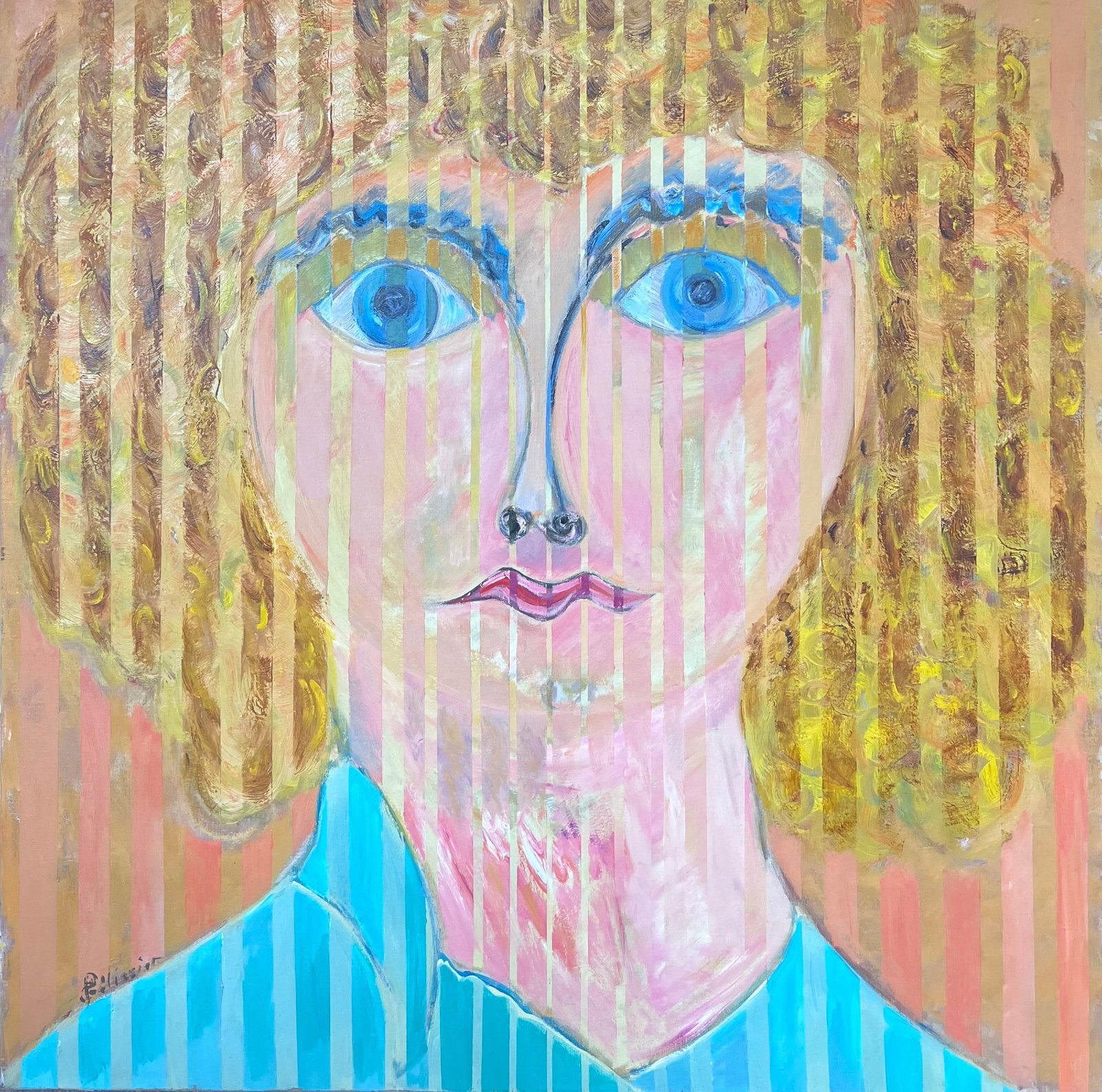 Blonde Portrait with Blue Eyes with Vertical Lines Abstract French Painting: Abstract Expressionist Composition signed by Gilbert Pelissier (French born 1924) oil painting on canvas, unframed canvas size: 40 x 39.5 inches Inscribed verso condition: overall very good, a few min