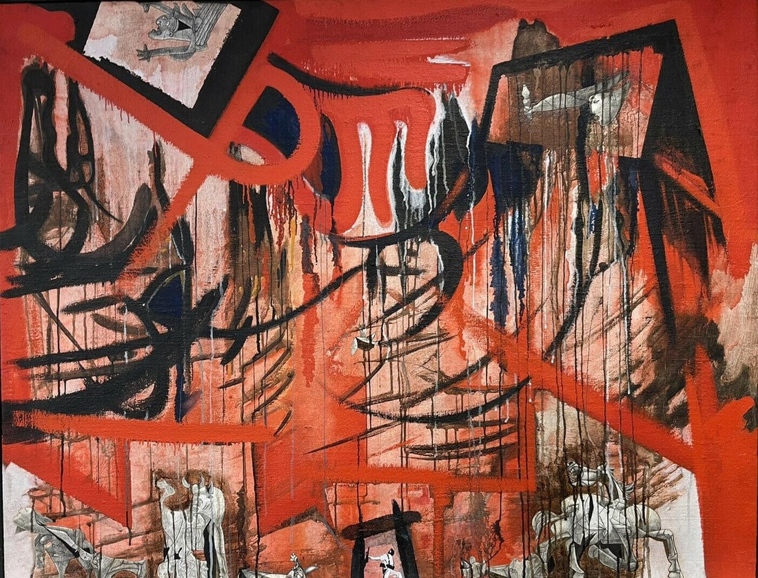 ENORMOUS FRENCH ABSTRACT OIL - MEMORIES OF SPAIN INSPIRED BY GUERNICA PICASSO (1 of 3)