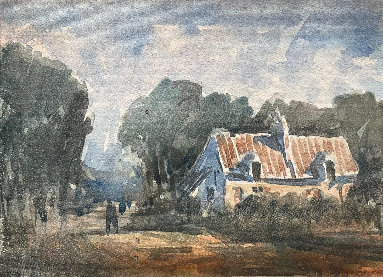 French Impressionist Watercolor of a Country Cottage and Pathway: Title: French Impressionist Watercolor of a Country Cottage and Pathway By Maurice Mazeilie (French 1924-2021) Medium: Watercolour on paper, unframed Size: 6.25 x 8.5 inches (Height x Width) Stamped: 